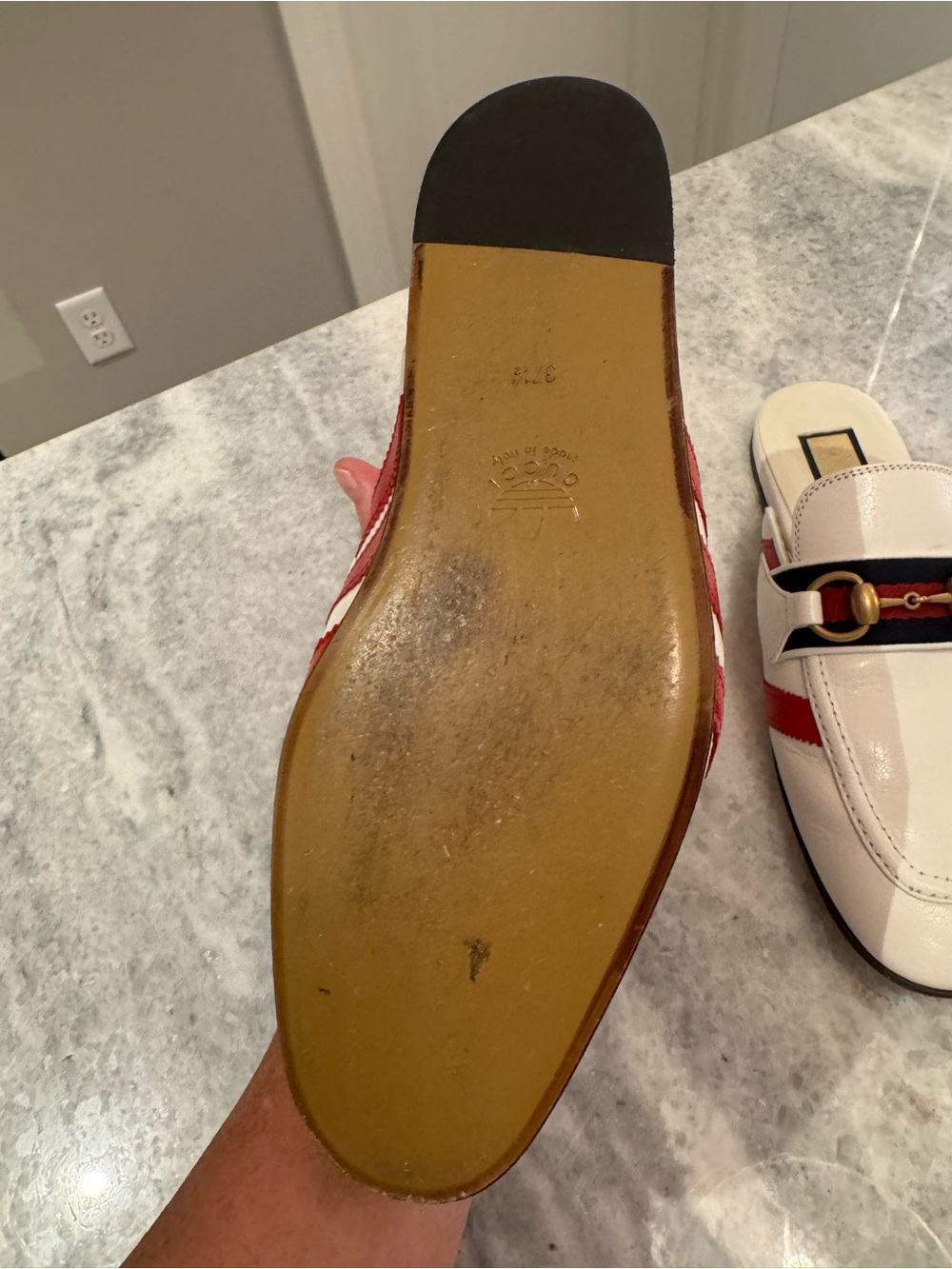 Gucci White Leather Horsebit Mule Loafers with Red & Navy Stripes - Picture 5 of 8